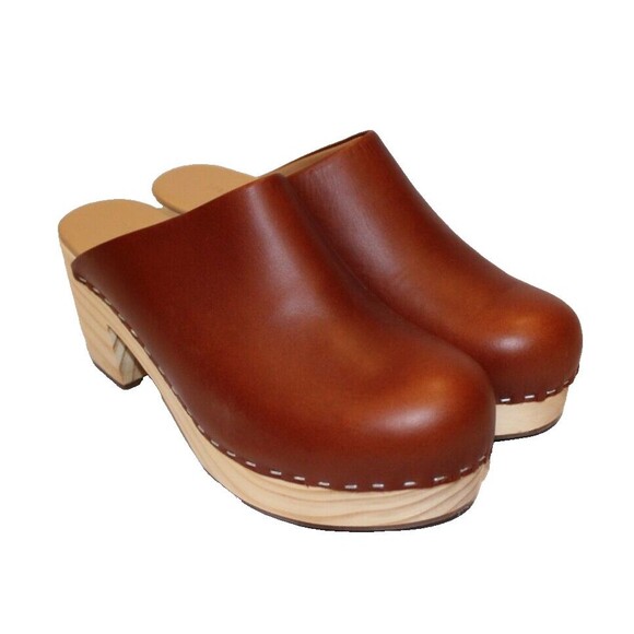 Nisolo Leather Closed Toe Slip On Wooden All Day Mule Heeled Clog BRANDY‎ - Picture 2 of 7